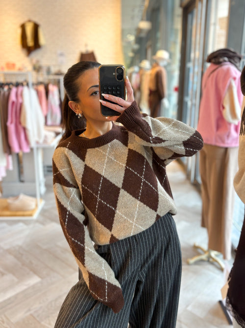 Pull mohair LIAM marron motif argyle