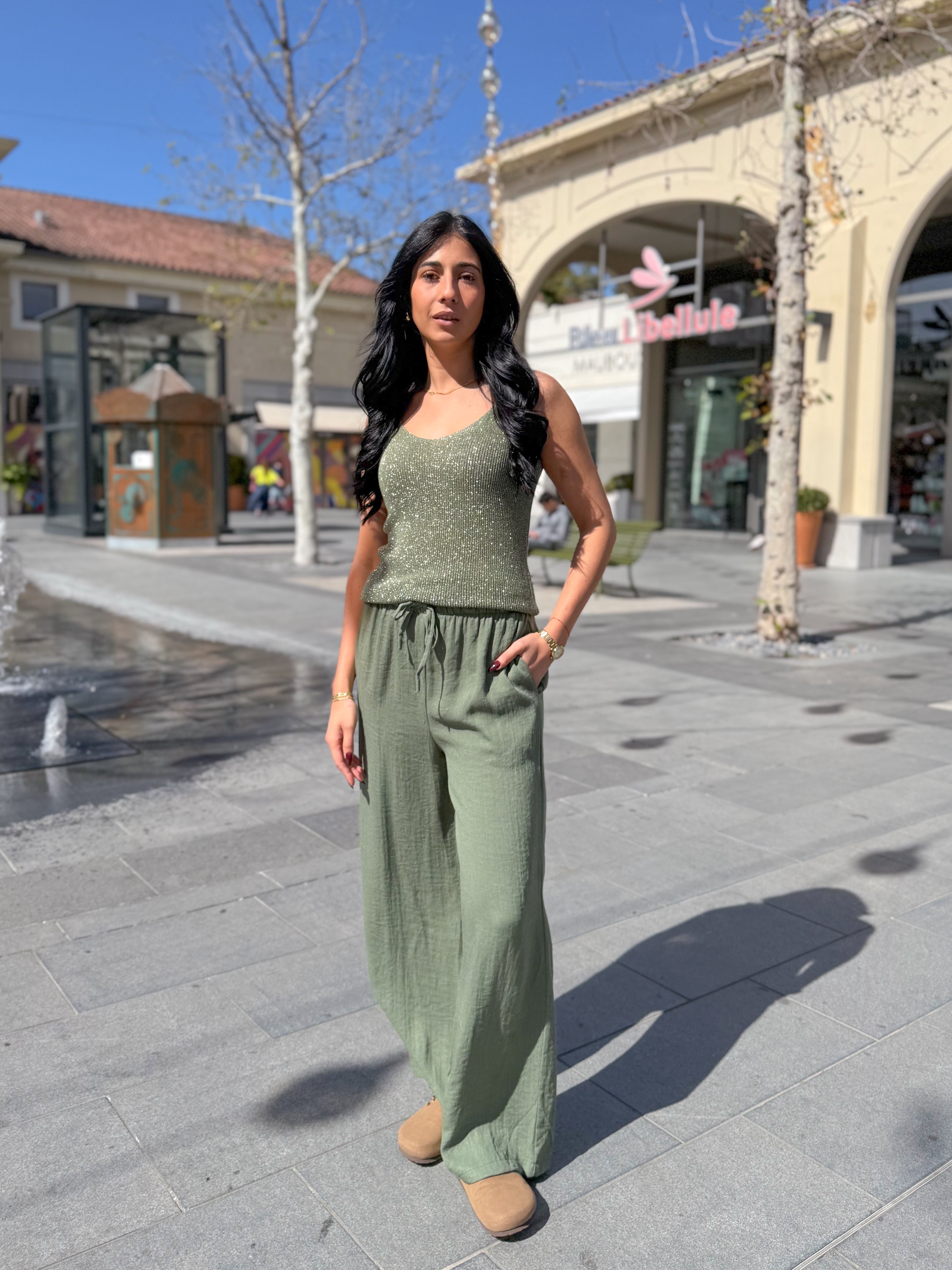 Top à bretelles scintillant RENATA kaki