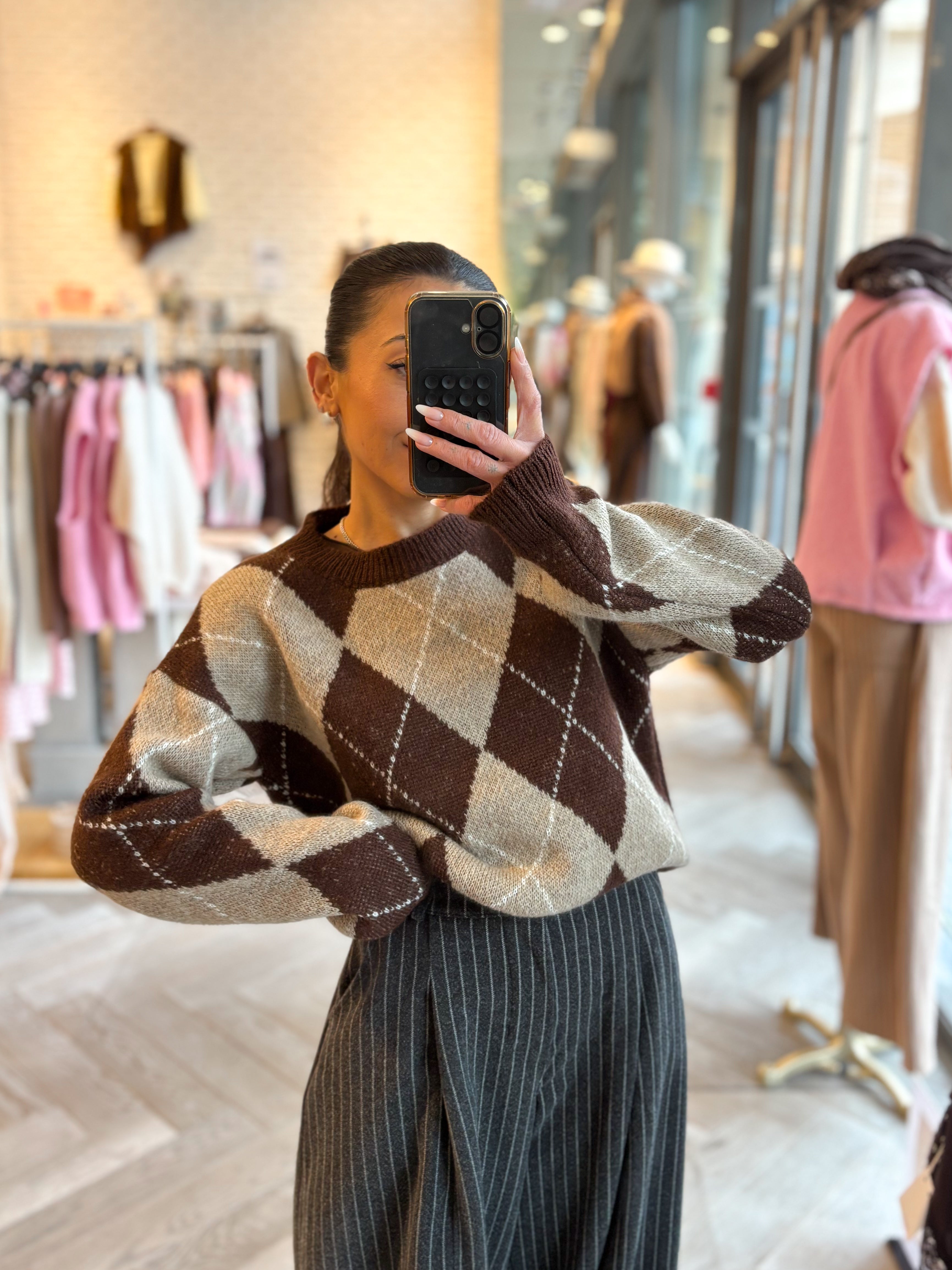 Pull mohair LIAM marron motif argyle