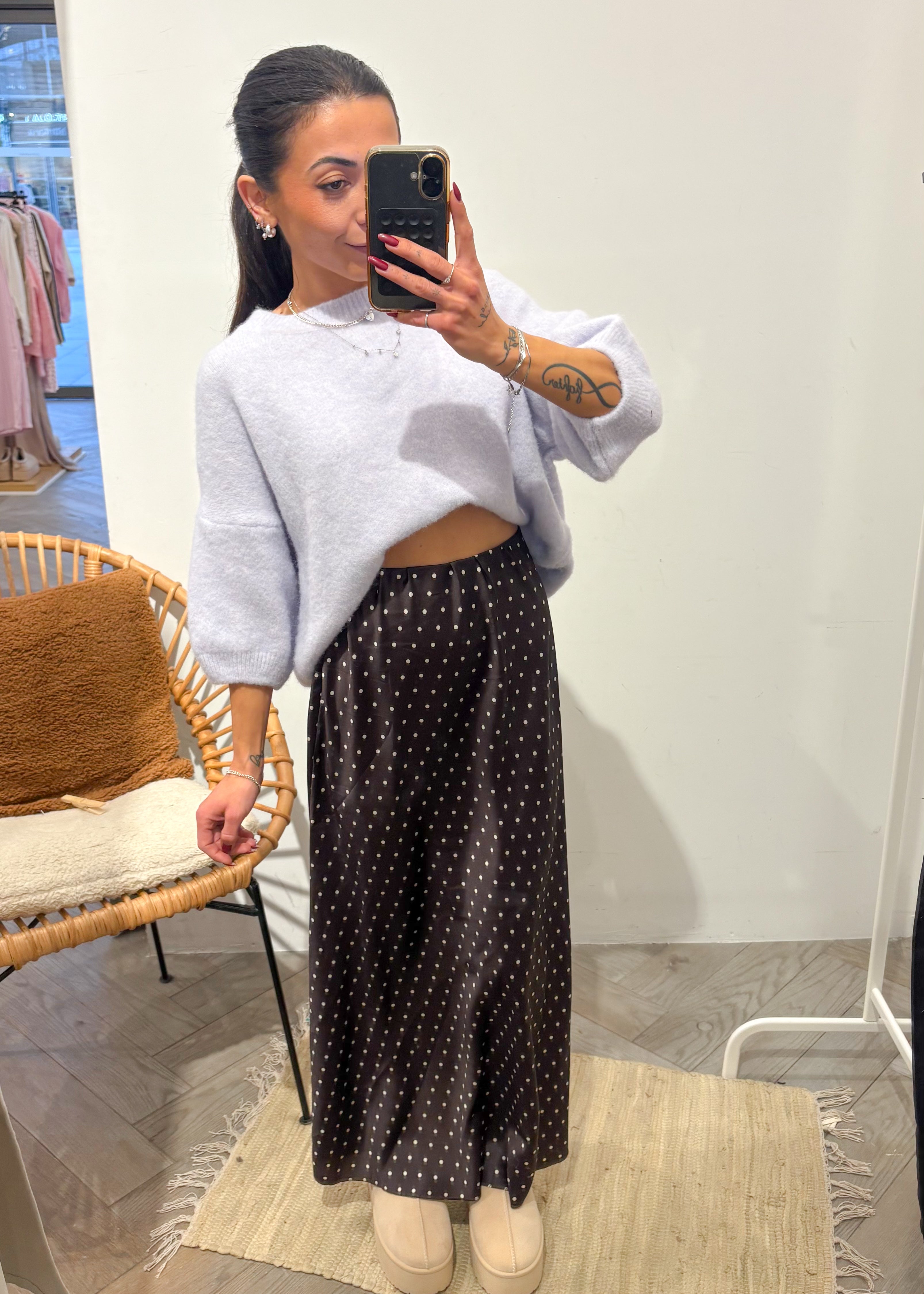 Jupe satinée à pois CHELSEA chocolat