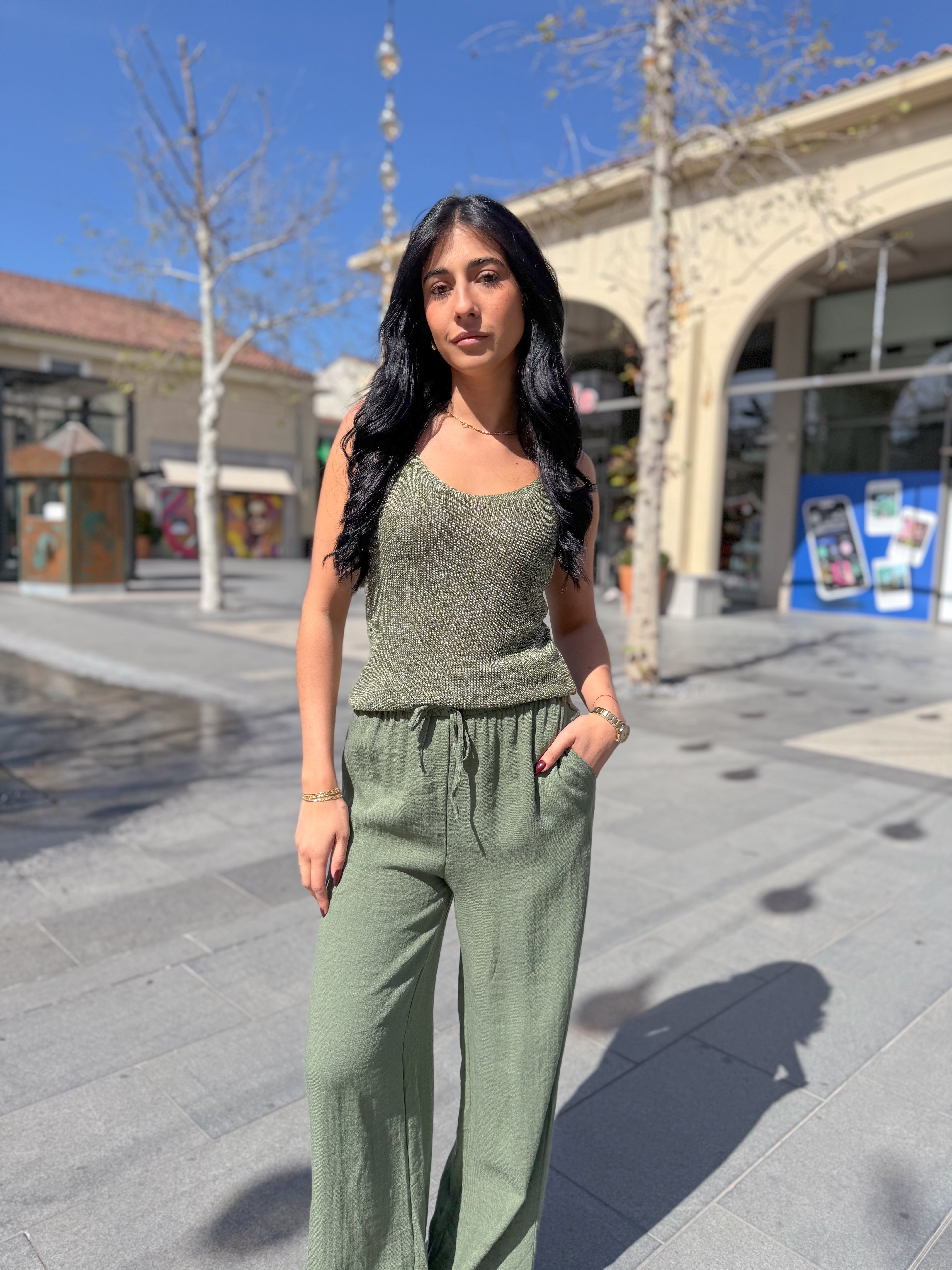 Top à bretelles scintillant RENATA kaki